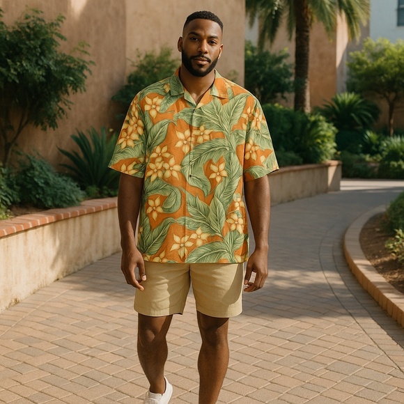 Jamaica Jaxx Green 100% Silk Hawaiian Print Button Front Casual Shirt Size Large - Picture 1 of 14